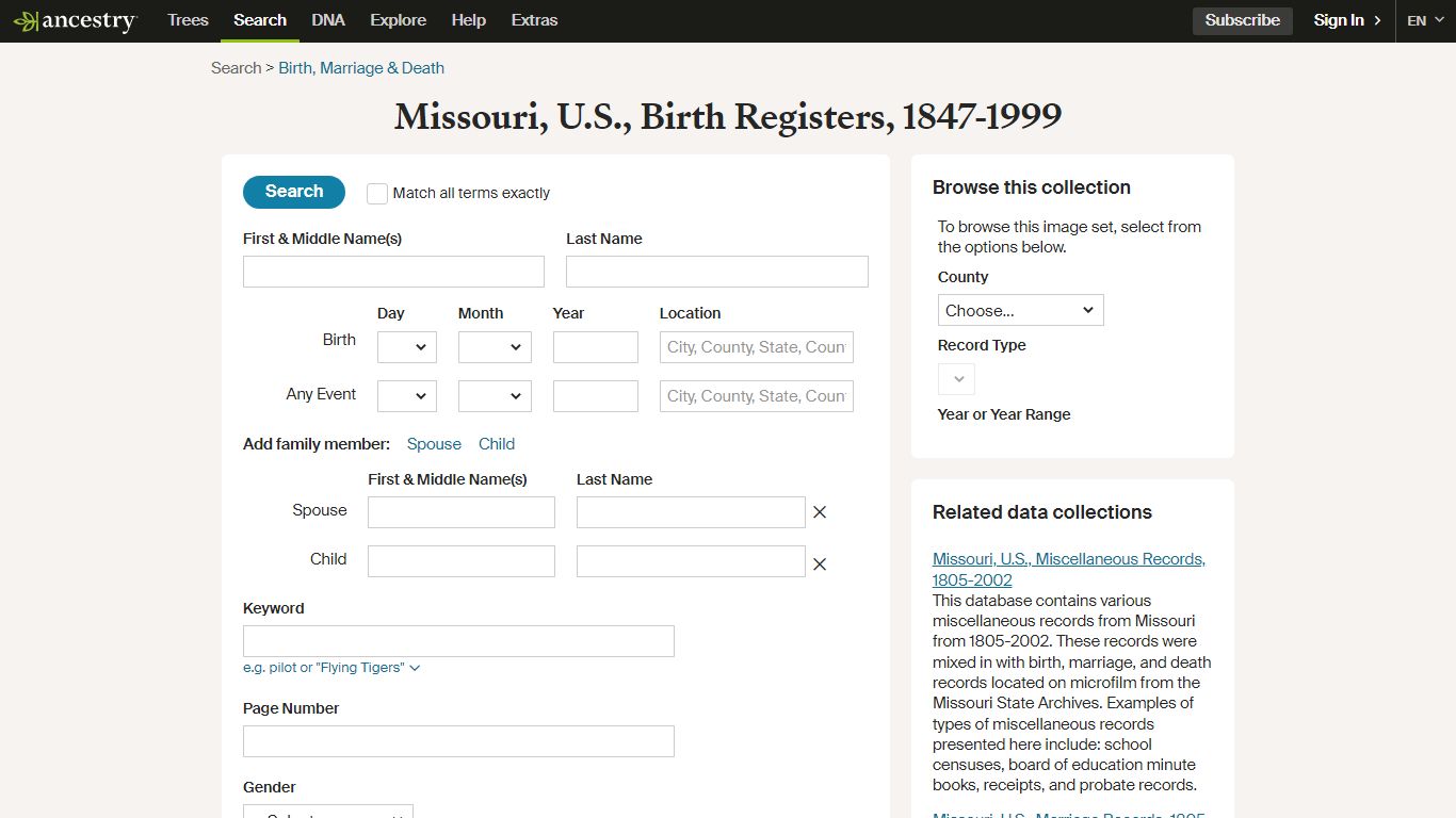 Missouri, U.S., Birth Registers, 1847-1999 - Ancestry